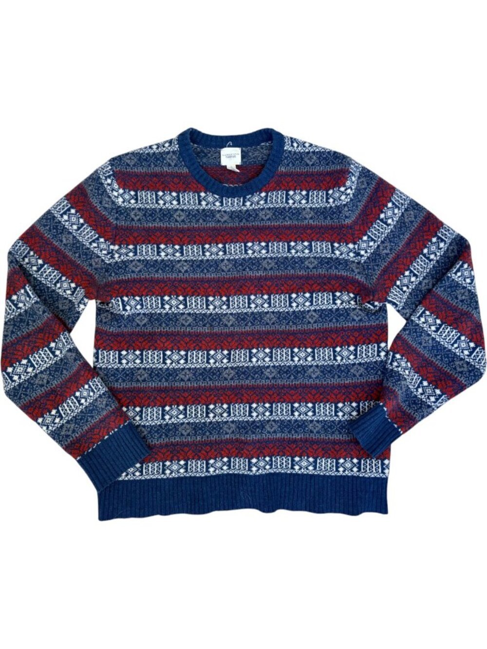 Lands' End Men's 100% Lambswool Fair Isle Sweater Navy Red Stripe Medium